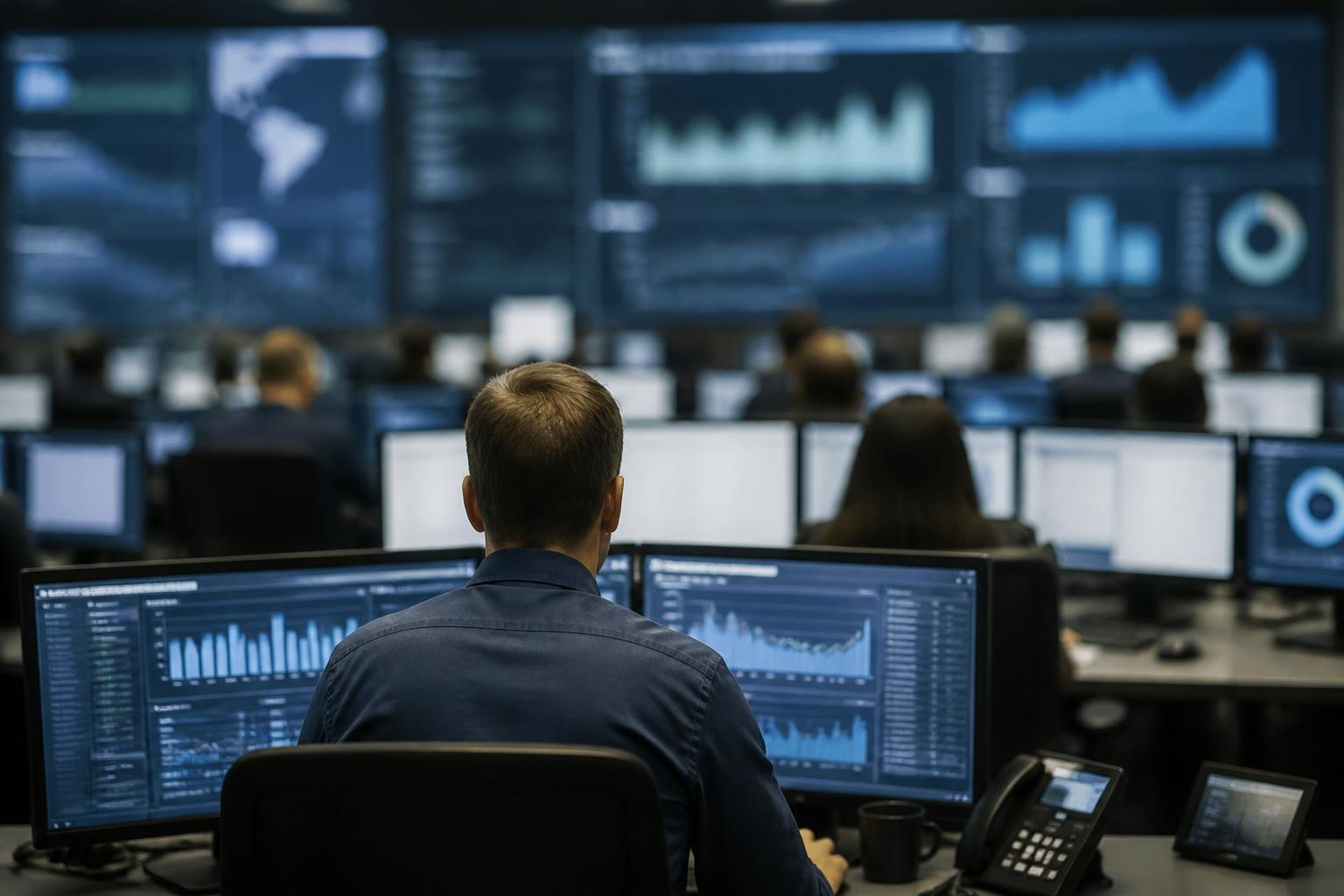Enterprise programme delivery floor with analysts and monitoring dashboards