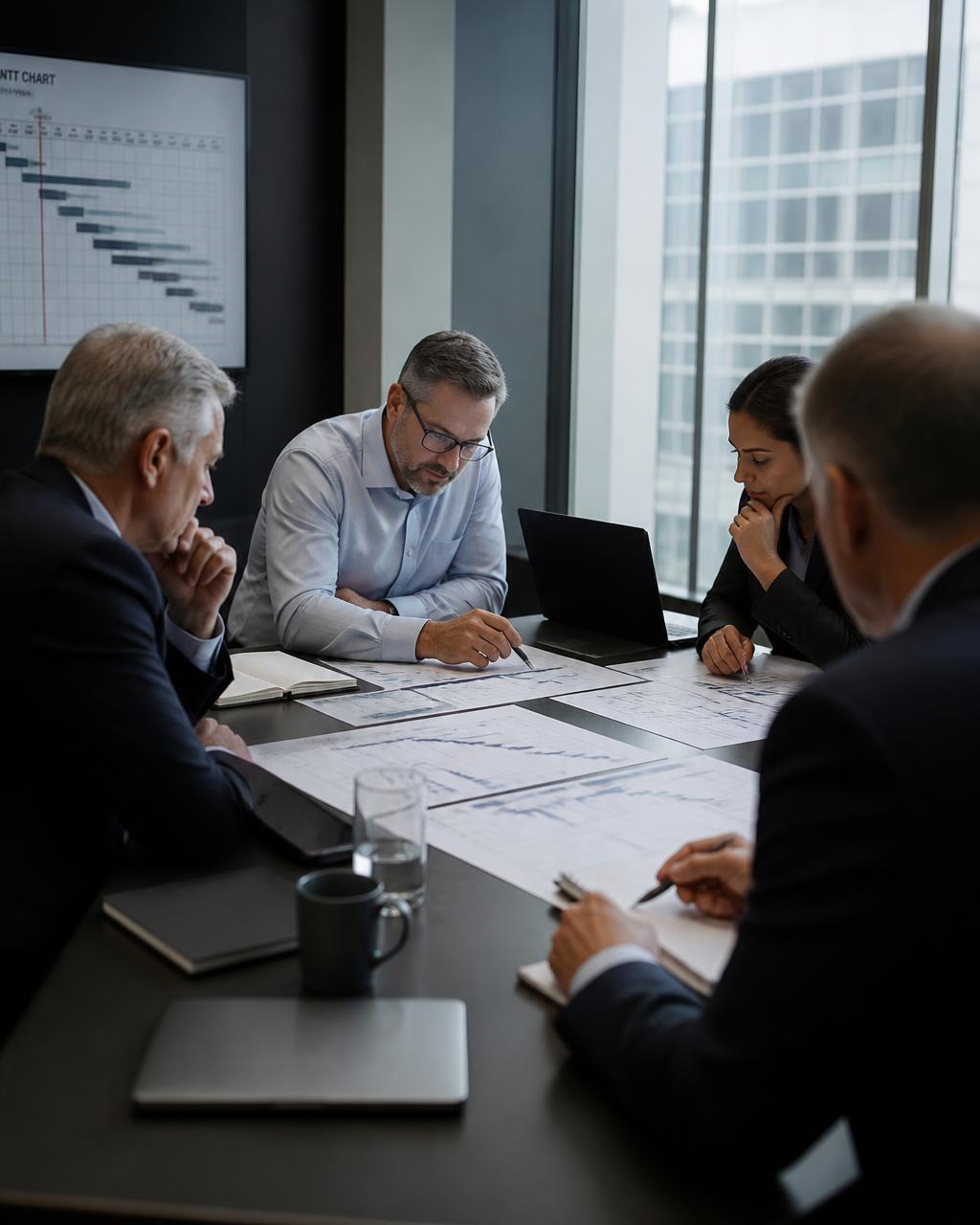 Senior consultants reviewing a programme schedule in a client boardroom